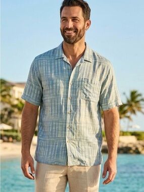 Tommy Bahama Men Daybreak Batik Silk Camp Shirt Blue Geometric Print XL